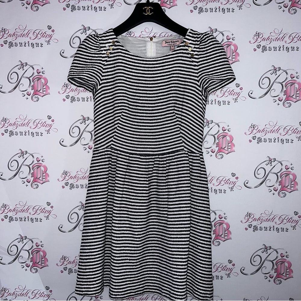 Juicy couture striped dress white navy gold buttons puff sleeve nautical J zip